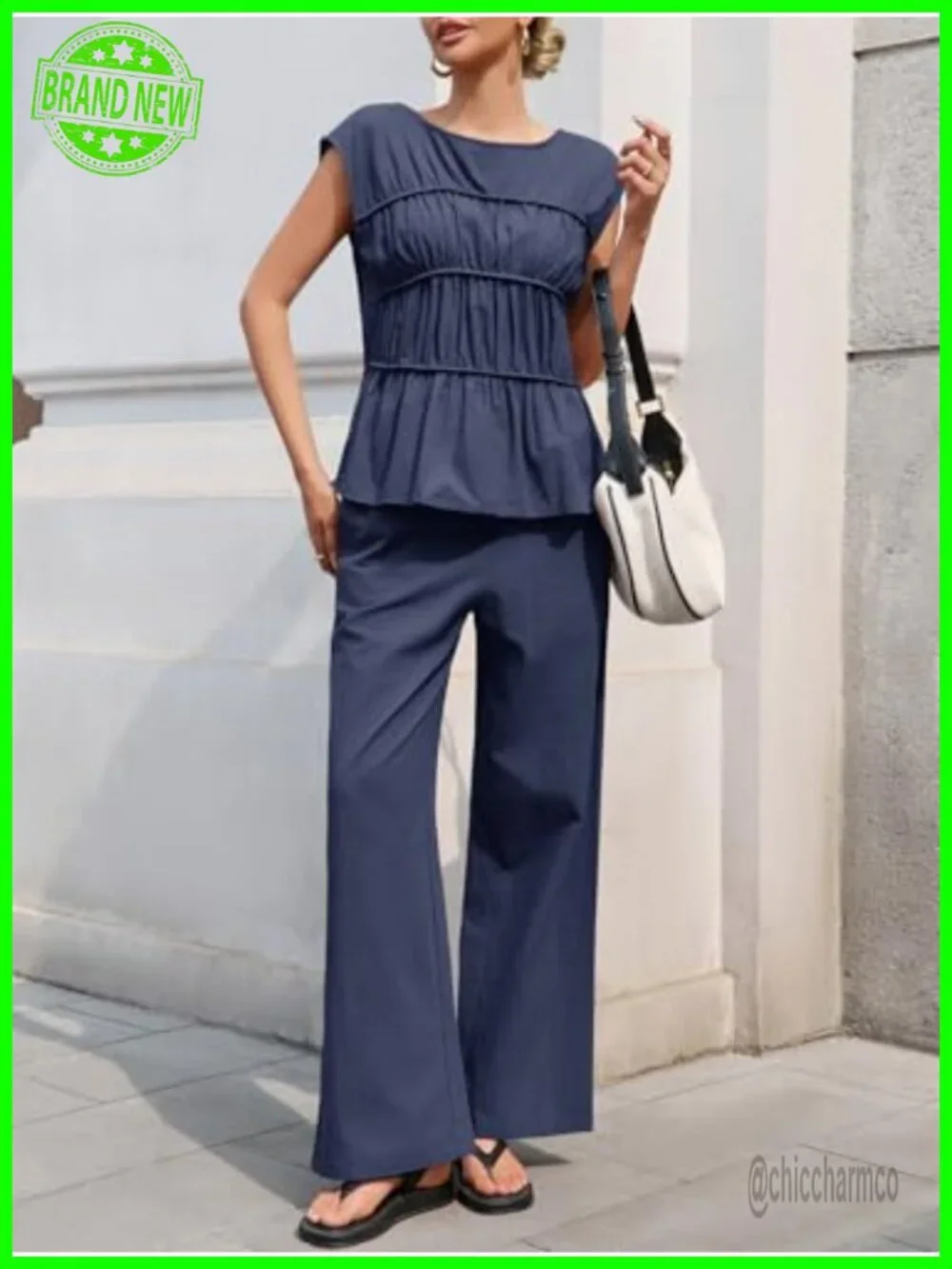 2 Piece Linen Babydoll Peplum Tank Top and Pants Set Summer Travel Outfits